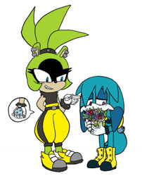 Size: 1035x1280 | Tagged: safe, artist:big-old-bee, kit the fennec, surge the tenrec, fox, tenrec, 2025, age difference, bouquet, duo, fennec, flat colors, flower, holding something, kitsurge, lidded eyes, looking at them, looking away, pointing, shipping, simple background, smile, standing, straight, white background