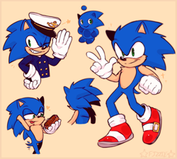Size: 1200x1080 | Tagged: safe, artist:fizzieskittle, sonic the hedgehog, chao, the murder of sonic the hedgehog, 2025, agender, character chao, chest fluff, chili dog, clothes, coat, duo, food, hat, heart, holding something, male, smile, sonic chao, sparkles, standing, star (symbol), treads, v sign, wagging tail, waving, yellow background