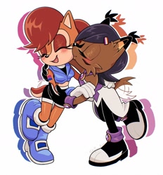 Size: 1440x1550 | Tagged: safe, artist:jadepesky, nicole the hololynx, sally acorn, chipmunk, 2026, bi sally, bisexual, bisexual pride, blushing, cute, duo, eyes closed, female, gloves, hair clip, hololynx, hugging, kiss, kiss on cheek, lesbian, lesbian nicole, lesbian pride, nicabetes, nicole x sally, paint, pride, pride month, sallabetes, shipping, shoes, simple background, smile, standing, standing on one leg, wagging tail, white background