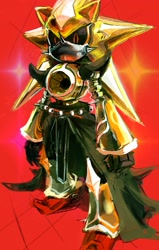 Size: 1304x2048 | Tagged: safe, artist:cristiaanmihaii, metal sonic, neo metal sonic, 2026, black sclera, eyestrain, looking at viewer, red background, robot, simple background, solo, standing, super form, super metal sonic, super neo metal sonic