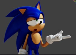 Size: 1190x850 | Tagged: safe, artist:justanemi1, sonic the hedgehog, hedgehog, 2026, 3d, grey background, lidded eyes, looking offscreen, male, mouth open, pointing, simple background, solo, sonic is not amused, standing, unamused