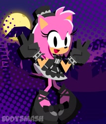 Size: 1729x2017 | Tagged: safe, artist:eddysmash2407, amy rose, hedgehog, 2024, abstract background, double v sign, dress, eyelashes, female, gloves, goth, goth amy, goth outfit, hat, lineless, looking at viewer, mary-janes, moon, no pupils, posing, shoes, smile, solo, sonic runners, standing, v sign, watermark