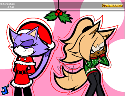 Size: 665x510 | Tagged: safe, artist:jkai24_, blaze the cat, whisper the wolf, cat, wolf, 2025, abstract background, alternate outfit, blaze x whisper, blushing, christmas, christmas hat, christmas outfit, clothes, coat, duo, eyes closed, female, flat colors, frown, hat, lesbian, mistletoe, nervous, one fang, outline, pants, shipping, standing, sweater, wagging tail