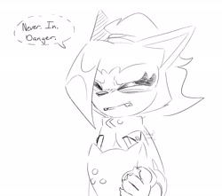 Size: 2048x1807 | Tagged: safe, artist:astral_wisp, whisper the wolf, wolf, 2026, chaotix case files, dialogue, diamond cutters mask, english text, fangs, female, frown, holding something, line art, mask, simple background, sketch, solo, speech bubble, standing, talking, text, unamused, whisper is not amused, whispering, white background