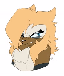Size: 1703x2048 | Tagged: safe, artist:astral_wisp, whisper the wolf, wolf, 2025, chubby, cleavage, female, flat colors, floppy ears, frown, looking at viewer, one eye closed, one fang, signature, simple background, solo, squinting, watermark, white background