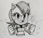 Size: 2048x1791 | Tagged: safe, artist:ch1b1k0, sally acorn, chipmunk, 2026, clenched fists, digital static, female, greyscale, looking at viewer, monochrome, pencilwork, signature, smile, smiling at viewer, solo, traditional media, weapon