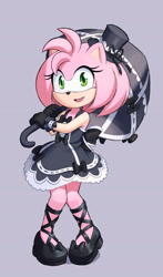 Size: 1130x1920 | Tagged: safe, artist:dstears, amy rose, hedgehog, alternate version, bow, clothes, dress, female, goth, goth amy, gothic lolita, hat, lolita, looking at viewer, open mouth, open smile, smile, smiling at viewer, solo, standing, umbrella