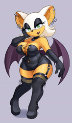 Size: 1130x1920 | Tagged: safe, artist:dstears, rouge the bat, bat, alternate version, big breasts, breasts, clothes, earring, female, goth, goth rouge, looking at viewer, smile, smiling at viewer, solo, standing, wide hips