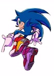 Size: 1446x2048 | Tagged: safe, artist:5d_yk5302, sonic the hedgehog, hedgehog, 2026, clenched teeth, from behind, looking at viewer, looking back, looking back at viewer, male, mid-air, pointing, posing, simple background, smile, soap shoes, solo, treads, white background