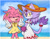 Size: 1280x1011 | Tagged: safe, artist:flameheart87, amy rose, blaze the cat, cat, hedgehog, amy x blaze, beach, bow, clothes, double v sign, dress, female, fur markings, hair bow, hat, lesbian, shipping, smile, sun hat, swimsuit, v sign, yellow sclera