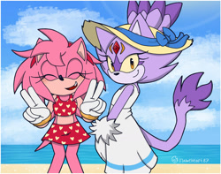 Size: 1280x1011 | Tagged: safe, artist:flameheart87, amy rose, blaze the cat, alternate version, amy x blaze, shipping, swimsuit