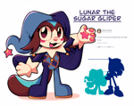 Size: 2048x1625 | Tagged: safe, artist:jesterjesteringjesterly, 2025, agender, agender soleil, character name, clothes, cute, english text, lunar the suger glider, lunarbetes, pawpads, paws, reference inset, silhouette, simple background, smile, soleil the sugar glider, soleilabetes, solo, solo agender, sugar glider, text, white background