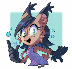 Size: 900x855 | Tagged: safe, artist:angiethecat, nicole the hololynx, lynx, 2026, archie sonic the hedgehog, deviantart watermark, digital static, female, looking at viewer, obtrusive watermark, open mouth, open smile, pointing, signature, smile, smiling at viewer, solo, watermark