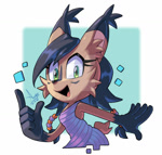 Size: 900x855 | Tagged: safe, artist:angiethecat, nicole the hololynx, lynx, 2026, archie sonic the hedgehog, deviantart watermark, digital static, female, looking at viewer, obtrusive watermark, open mouth, open smile, pointing, signature, smile, smiling at viewer, solo, watermark