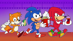 Size: 1192x670 | Tagged: safe, artist:slysonic, knuckles the echidna, miles "tails" prower, sonic the hedgehog, echidna, fox, hedgehog, adventures of sonic the hedgehog, classic knuckles, classic sonic, classic sonic (universe), classic tails, dic, drink, food, gloves, looking at viewer, male, mint candy, open mouth, open smile, popcorn, shoes, smile, smiling at viewer, trio, walking