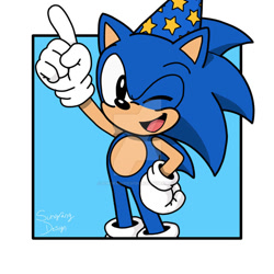 Size: 894x894 | Tagged: safe, artist:sungrangdesign, sonic the hedgehog, hedgehog, gloves, hand on hip, hat, looking at viewer, male, obtrusive watermark, open mouth, open smile, party hat, pointing, smile, smiling at viewer, solo, watermark, wink, winking at viewer