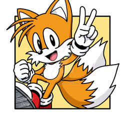 Size: 894x894 | Tagged: safe, artist:sungrangdesign, miles "tails" prower, fox, clenched fist, gloves, looking at viewer, male, obtrusive watermark, open mouth, open smile, shoes, smile, smiling at viewer, solo, treads, v sign, watermark
