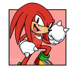 Size: 894x894 | Tagged: safe, artist:sungrangdesign, knuckles the echidna, echidna, gloves, looking at viewer, male, obtrusive watermark, open mouth, open smile, shoes, smile, smiling at viewer, solo, watermark