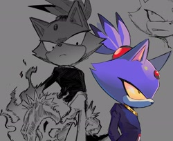 Size: 2048x1670 | Tagged: safe, artist:rocketrrush, blaze the cat, 2026, fire, fire hand, flame, frown, grey background, looking at viewer, looking offscreen, simple background, solo, triality, yellow sclera