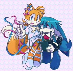 Size: 1200x1174 | Tagged: safe, artist:skyt903, kit the fennec, miles "tails" prower, 2026, alternate outfit, arm around shoulders, barefoot, bow, clothes, crossdressing, duo, femboy, frown, hair bow, hair clip, holding something, mouth open, one fang, open smile, paws, ribbon, school uniform, shoes, smile, standing