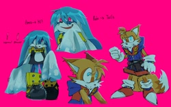 Size: 2048x1278 | Tagged: safe, artist:skyt903, kit the fennec, miles "tails" prower, 2026, alternate outfit, clothes, duo, eyestrain, fur markings, pink background, simple background, smile, text