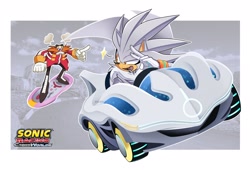 Size: 2047x1391 | Tagged: safe, artist:ialehlg, robotnik, silver the hedgehog, human, 2026, angry, car, clouds, driving, duo, extreme gear, frown, mouth open, open smile, outdoors, salute, screenshot background, smile, sonic racing crossworlds, star (symbol), v sign, vehicle, youtube thumbnail