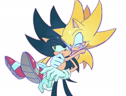 Size: 2048x1569 | Tagged: safe, artist:pwish_, sonic the hedgehog, super sonic, 2026, clenched teeth, dark form, dark sonic, duo, frown, hugging, lidded eyes, looking away, self paradox, simple background, smile, standing, super form, white background