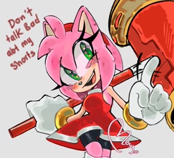 Size: 967x877 | Tagged: safe, artist:rosybeltmoonk, amy rose, 2026, blushing, dialogue, english text, heart, holding something, looking at viewer, mouth open, open smile, piko piko hammer, shorts, signature, simple background, smile, solo, talking, talking to viewer, text, wagging finger, white background
