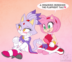 Size: 985x847 | Tagged: safe, artist:metalpandora, amy rose, blaze the cat, 2026, amy x blaze, amybetes, blazebetes, blushing, brush, brushie, brushing tail, duo, gradient background, lesbian, shipping