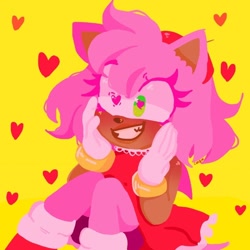 Size: 768x768 | Tagged: safe, artist:chiquitosilver, amy rose, 2019, clenched teeth, eyelashes, eyestrain, hand on face, heart, heart eyes, looking offscreen, no outlines, simple background, sitting, smile, solo, yellow background