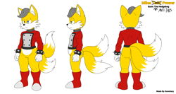 Size: 3555x1888 | Tagged: safe, artist:doomlazy27, miles (anti-mobius), fox, 2026, alternate version, butt, clenched fists, flat colors, frown, lidded eyes, looking offscreen, reference sheet, simple background, solo, standing, triality, white background