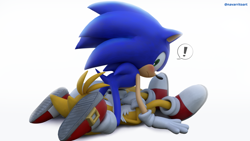 Size: 2560x1440 | Tagged: safe, artist:_nav_o, miles "tails" prower, sonic the hedgehog, 2025, 3d, 69 position, all fours, duo, exclamation mark, looking at each other, lying down, simple background, sonic 4: episode 2, white background