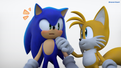 Size: 2560x1440 | Tagged: safe, artist:_nav_o, miles "tails" prower, sonic the hedgehog, 2025, 3d, blushing, duo, hand on shoulder, looking at each other, mouth open, simple background, smile, sonic 4: episode 2, standing, white background