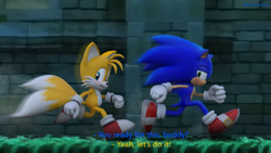 Size: 2560x1440 | Tagged: safe, artist:_nav_o, miles "tails" prower, sonic the hedgehog, 2025, 3d, blushing, dialogue, duo, english text, grass, lidded eyes, looking at viewer, running, smile, sonic 4: episode 2, sylvania castle, talking, text