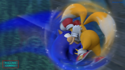 Size: 2560x1440 | Tagged: safe, artist:_nav_o, miles "tails" prower, sonic the hedgehog, 2025, 69 position, duo, english text, outdoors, pine tree, rolling, rolling combo, smile, sonic 4: episode 2, sparkles, sylvania castle, text, tree