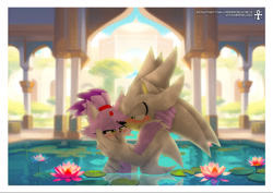 Size: 1170x828 | Tagged: safe, artist:underworldcircle, blaze the cat, silver the hedgehog, cat, hedgehog, 2025, blaze x silver, blushing, building, daytime, duo, female, hugging, indian theme, looking at them, male, naked, partially submerged, plant, shipping, straight, water