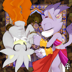 Size: 824x822 | Tagged: safe, artist:underworldcircle, blaze the cat, silver the hedgehog, cat, hedgehog, 2026, alternate outfit, bare chest, blaze x silver, carpet, clothes, duo, eyes closed, female, indian theme, lying down, male, shipping, sleeping, straight