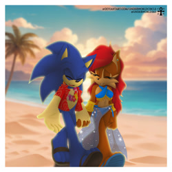 Size: 1450x1450 | Tagged: safe, artist:underworldcircle, sally acorn, sonic the hedgehog, chipmunk, hedgehog, 2025, beach, bikini, clothes, daytime, duo, ear piercing, eyes closed, female, flower, flower bouquet, happy, holding hands, jewelry, male, piercing, sally x sonic, sandals, shipping, shirt, straight, sun, sunset, talking, walking, water