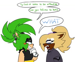 Size: 1389x1161 | Tagged: safe, artist:_mil0stearip0ff, surge the tenrec, whisper the wolf, 2024, blushing, dialogue, duo, english text, lesbian, meme, mouth open, shipping, side view, simple background, smile, speech bubble, text, whisper x surge, white background
