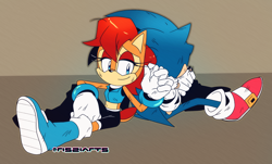 Size: 2262x1362 | Tagged: safe, artist:risziarts, sally acorn, sonic the hedgehog, chipmunk, hedgehog, 2026, bruise, duo, female, looking at each other, male, sally x sonic, sally's ringblader outfit, shadow (lighting), shipping, simple background, sitting, smile, straight, torn gloves, wound