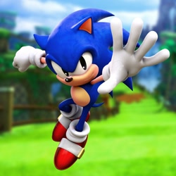 Size: 1200x1200 | Tagged: safe, artist:hunicrio, sonic the hedgehog, hedgehog, 2026, 3d, clenched fist, daytime, green fur, male, mid-air, posing, reaching out, reaching towards the viewer, redraw, screenshot background, smile, solo