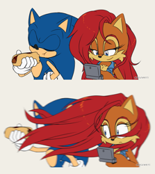 Size: 1113x1245 | Tagged: safe, artist:risziarts, nicole the handheld, sally acorn, sonic the hedgehog, chipmunk, hedgehog, 2026, chili dog, duo, eating, female, food, holding something, hot dog, long hair, male, sally x sonic, sally's vest and boots, shipping, simple background, straight, surprised, wind
