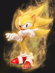 Size: 1536x2048 | Tagged: safe, artist:dokatzo, artist:thiyakk, sonic the hedgehog, super sonic, hedgehog, 2026, arms folded, aura, grey background, looking at viewer, male, pointing, simple background, smile, solo, standing, super form