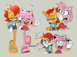 Size: 2029x1488 | Tagged: safe, artist:risziarts, amy rose, sally acorn, chipmunk, hedgehog, 2024, alternate outfit, clothes, duo, female, friendship, hand on another's head, hat, laughing, sandals, shorts, simple background, sitting, skirt, sparkles, standing, sun hat, sweatdrop, vacation