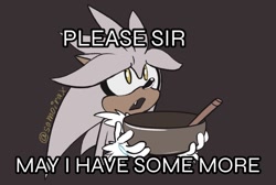 Size: 1129x760 | Tagged: safe, artist:samoirax, silver the hedgehog, 2026, begging, bowl, brown background, flat colors, holding something, mouth open, oliver twist, one fang, signature, simple background, solo, spoon