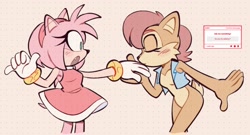 Size: 2022x1093 | Tagged: safe, artist:frechiiie, amy rose, sally acorn, 2025, amy x sally, blushing, duo, flat colors, kiss, kiss on hand, lesbian, one fang, sallamy, shipping, standing, straw.page