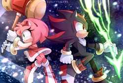 Size: 2442x1661 | Tagged: safe, artist:scruffiberri, amy rose, shadow the hedgehog, hedgehog, 2026, amy x shadow, attacking, chaos emerald, chaos spear, duo, female, fighting, focused, holding something, looking offscreen, male, piko piko hammer, shipping, side by side, star (sky), straight, swinging, watermark, weapon