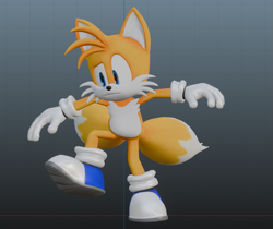 Size: 941x791 | Tagged: safe, artist:returnofsteely, miles "tails" prower, 2026, 3d, :|, blue shoes, gradient background, looking offscreen, solo, standing, standing on one leg, treads