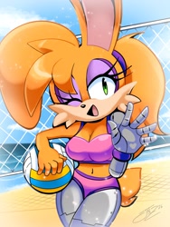 Size: 2064x2752 | Tagged: safe, artist:jovialnightz, bunnie rabbot, rabbit, beach, female, solo, swimsuit, volleyball, waving at viewer, winking at viewer