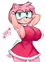 Size: 686x926 | Tagged: safe, artist:halfasoda, amy rose, big boobs, blushing, hands behind head, posing, watermark, white background